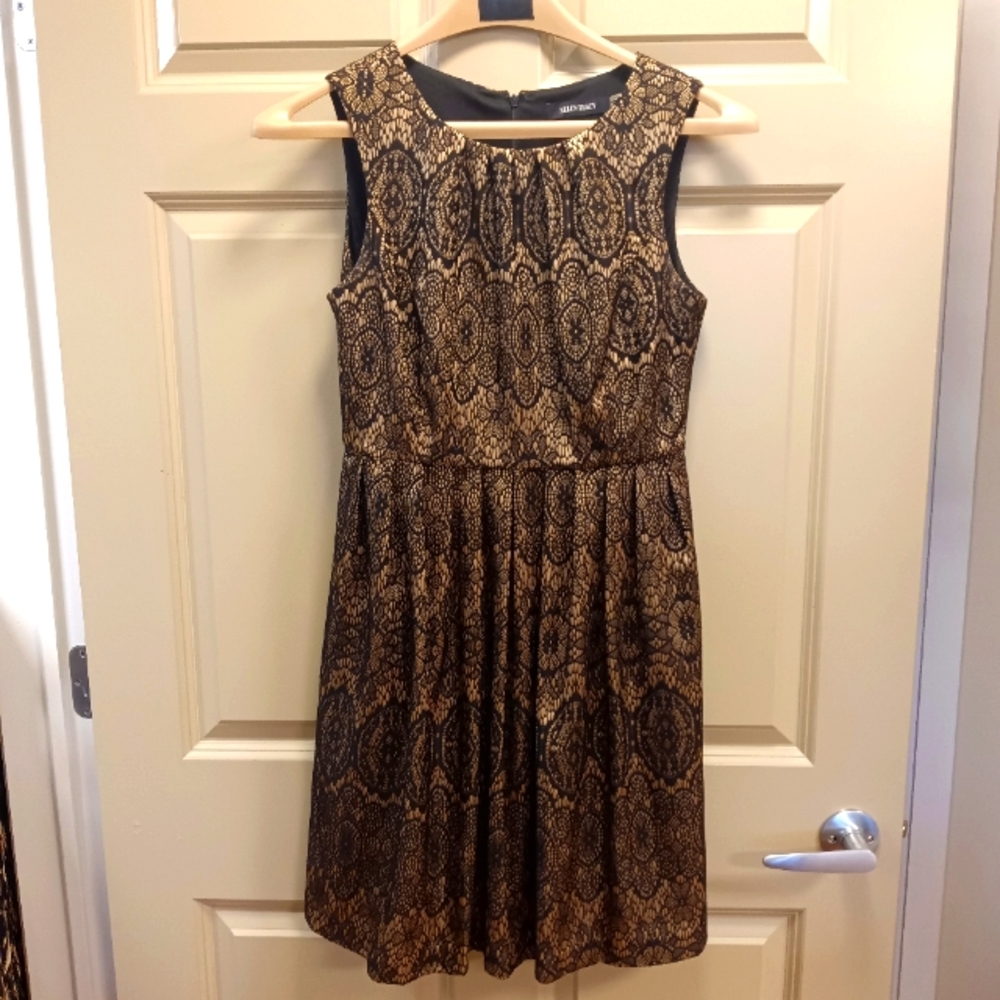 Ellen Tracy Gold Lace Overlay Fit & Flare Midi Dress - size 6P